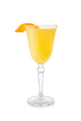 Glass of tasty mimosa cocktail on white background