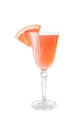 Glass of tasty mimosa cocktail on white background