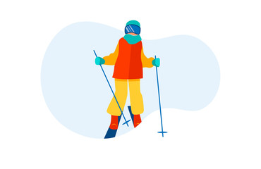 Person practicing mountain skiing. Skier wearing mask, holding poles flat vector illustration. Vacation, recreation, slope, ski resort concept for banner, website design or landing web page