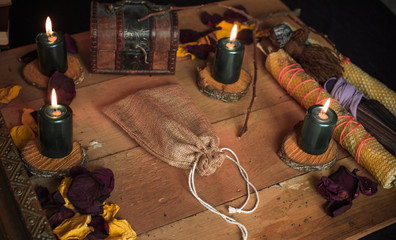 Tarot cards and esoteric concept. Magic rituals. Mystical table with details, 