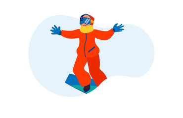 Person enjoying snowboarding. Excited child sliding on board flat vector illustration. Vacation, snowboarder, slope, ski resort concept for banner, website design or landing web page