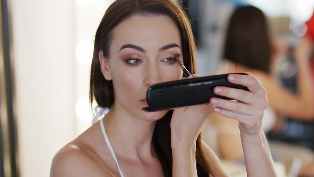 Pretty young female holding makeup palette and applying eyeshadow