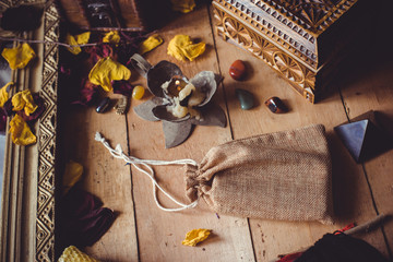 Tarot cards and esoteric concept. Magic rituals. Mystical table with details, 