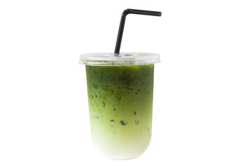 Matcha green tea with milk on plastic glass isolated white background