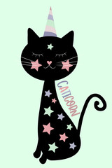 Caticorn funny text with cute black cat.
Good for poster, textile print, card, gift design.