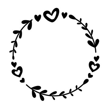 Doodle black line heart and leaves in circle on white background. Vector illustration for decorate logo, text, wedding, greeting cards and any design.