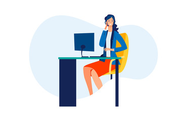 Cheerful employee talking on phone at workplace. Office worker, computer, telephone flat vector illustration. Contact center, communication concept for banner, website design or landing web page