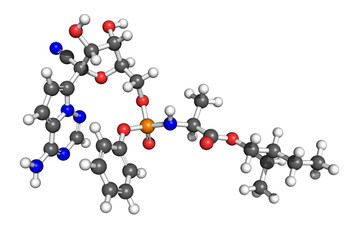 Remdesivir is a candidate COVID-19 drug, originally developed as a treatment for ebola. Ball and stick model.