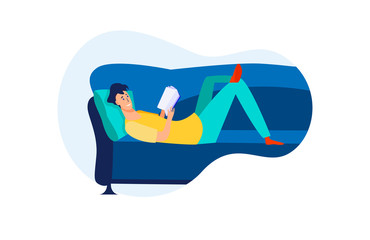 Young man relaxing at home. Guy lying on couch and reading book flat vector illustration. Leisure, recreation, bookworm concept for banner, website design or landing web page