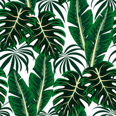 Tropical seamless pattern with green plants on a white background. Creative abstract background. Trendy summer Hawaii print. Floral pattern. Exotic wallpaper, Jungle leaves.