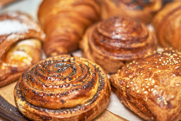 Snippet showcase pastry shop. Close-up