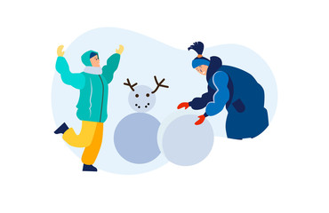 Naklejka premium Happy mom and son making snowman outdoors. Young woman and boy enjoying winter activity flat vector illustration. Family, lifestyle concept for banner, website design or landing web page