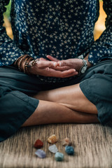 Meditation in Lotus Pose. Hands in Lap, Palms Facing Upwards