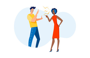 Arguing couple in conflict. Man and woman shouting and blaming each other flat vector illustration. Toxic relationship, problem, breakup concept for banner, website design or landing web page