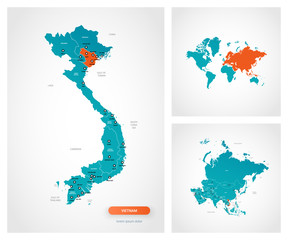 Editable template of map of Vietnam with marks. Vietnam  on world map and on Asia map.