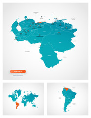 Editable template of map of Venezuela with marks. Venezuela on world map and on South America map.