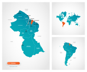 Editable template of map of Guyana with marks. Guyana  on world map and on South America map.