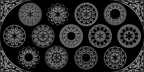 Arabesque mandala design , 3D round white silver shapes and border east ornament