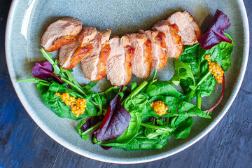duck breast fillet salad, Menu concept food background keto or paleo diet. top view. copy space for text 