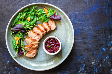 duck breast fillet salad, Menu concept food background keto or paleo diet. top view. copy space for text 