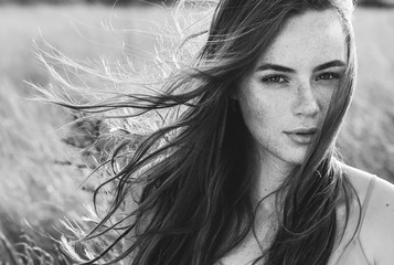 Beautiful woman natural face freckles casual female monochrome portrait lifestyle beauty girl