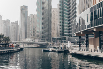Fototapeta na wymiar Motor Yachts at Dubai Marina, United Arab Emirates