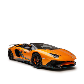 Dubai / UAE - December 19 2019: Lamborghini Aventador SV Roadster. Novitec air kit and wheels. Collection car. Cabrio custom model. Super car.