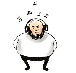 hand drawn cartoon character fat funny man standing and listening to music isolated on white