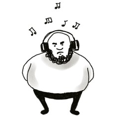 hand drawn cartoon character fat funny man standing and listening to music isolated on white