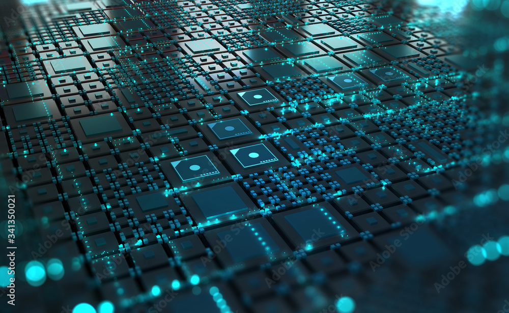 Aufkleber Cyber technology in digital abstract space. Computer of future, circuit board and hardware 3d illustration. Information Network and Global Database