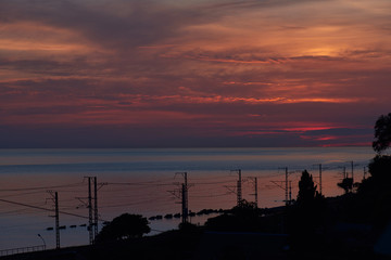 Naklejka premium Beautiful pink sea sunset natural contrast sea and sky