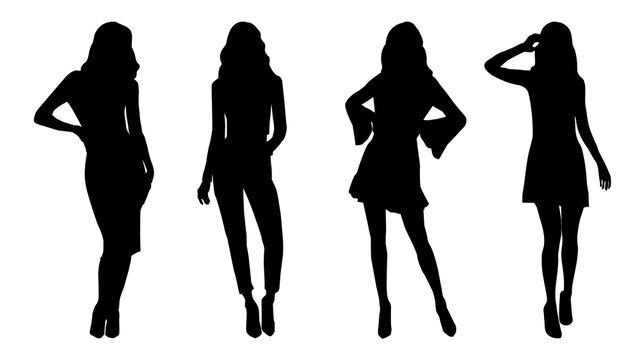 Set of black silhouettes of fashion model girls in mini different type of clothes standing and posing.