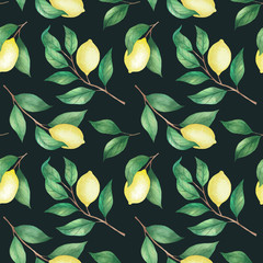 Lemon pattern on a dark background painted by watercolor. Perfect for wrapping paper, wallpaper and textiles