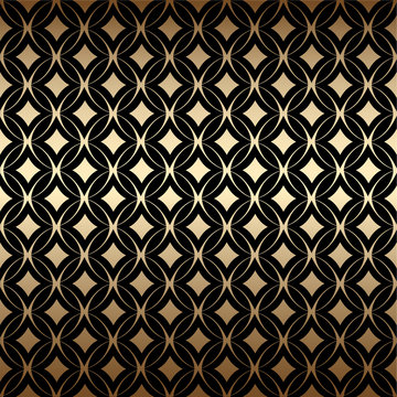 Geometric golden art deco simple seamless pattern with round shapes, black and gold colors