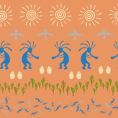 Mythical, design with gecko, Kokopelli fertility god, sun, bird, cacti.