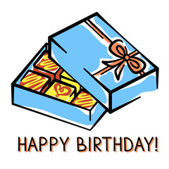 Vector birthday card with a box of chocolates hand-drawn on white background