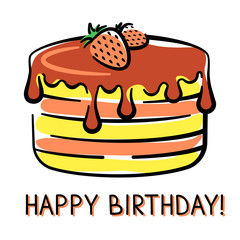 Vector birthday card with holiday cake hand-drawn on a white background