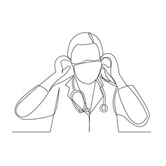 Continuous line drawing of woman doctor wearing surgical mask to protect disease, flu, air pollution, pandemic, virus. Vector illustration.