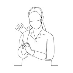 Continuous line drawing of woman doctor wearing surgical mask and medical gloves to protect disease, flu, air pollution, pandemic, virus. Vector illustration.