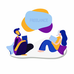 Couple of young people in a flat style are sitting at home. Man and a woman read from a tablet computer and laptop. Couple of people isolated on a white background. Vector illustration. Stay at home.