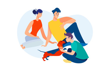 Happy family with pet enjoying leisure time together. Couple of parents, teen boy, dog flat vector illustration. Family, lifestyle, togetherness concept for banner, website design or landing web page