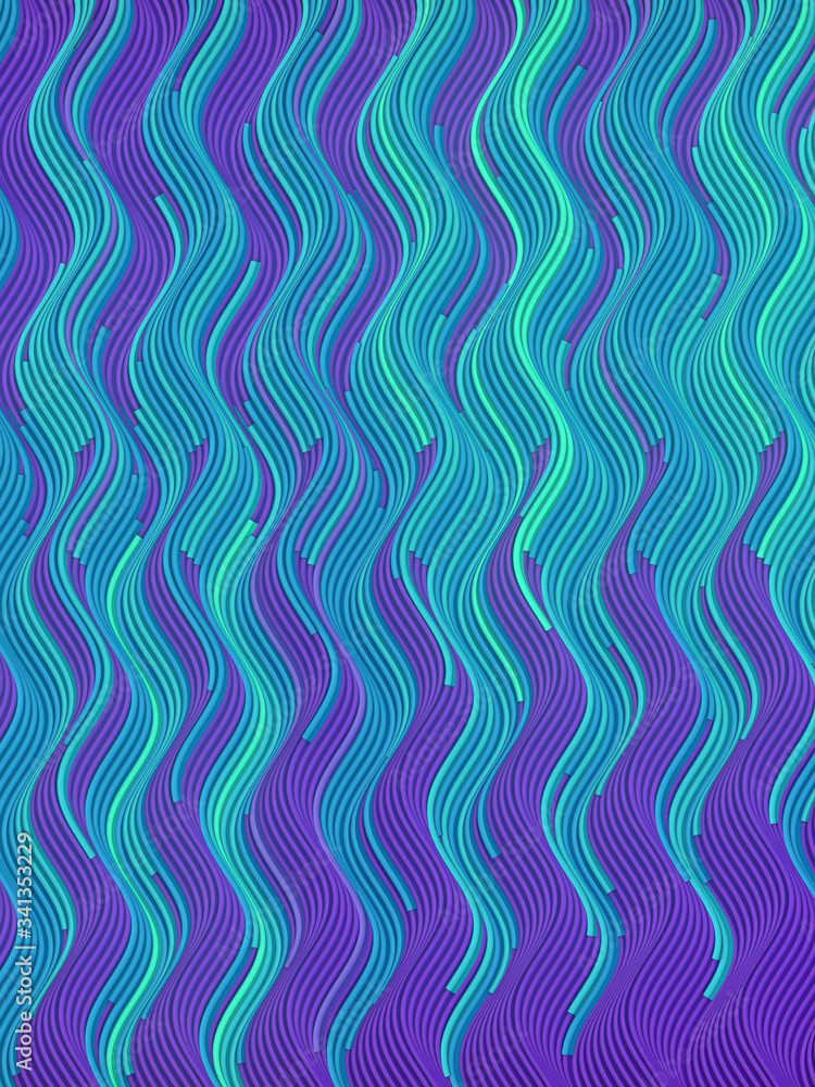 Aufkleber Line art digital pattern. Colored wave bend vertical lines background 3d render
