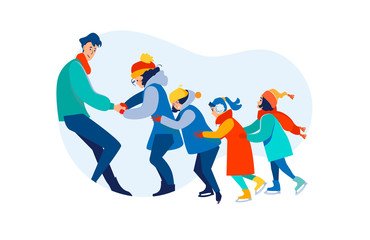 Man training children to skate on ice. Group of kids, skating school, trainer flat vector illustration. Vacation, holiday, lifestyle, activity concept for banner, website design or landing web page