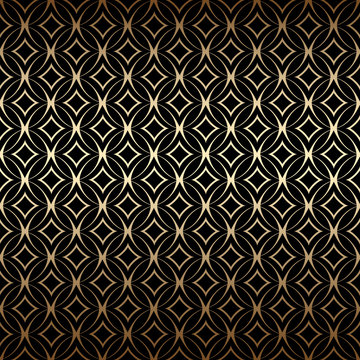 Linear gold art deco simple seamless pattern with round shapes, black and gold colors