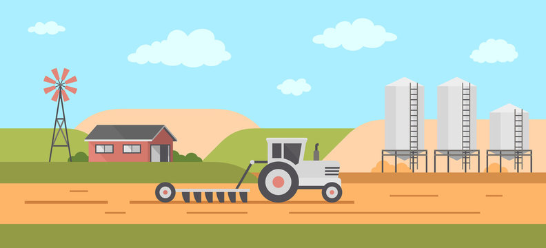 Farm Landscape. Tractor preparing land for sowing. Agriculture and Farming. Farming. Agribusiness. Flat Style. isolated on white background
