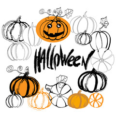 An illustration of a cartoon Halloween pumpkins on white