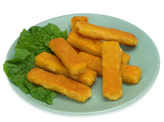Fish fingers made of fish fillet in a plate and on white background