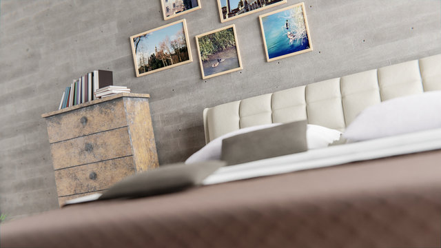 gem&uuml;tliches Schlafzimmer mit Bett, Schrank, Kissen und Bildern an der Wand