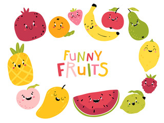 Funny fruits. Cartoon vector collection of kawaii characters. Cute faces of food. Colorful childish illustrations for your design. Isolated on a white background.