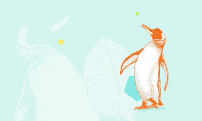 Proud penguin looking up. Detailed, rich texture, hand drawn. 